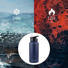 MURBONE Insulated Water Bottle - 1L Stainless Steel Drink Flask with Straw, BPA Free, Leakproof Double Walled Vacuum Bottle - 2 Lids (Straw and Spout Lid), Navy Blue