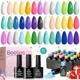 Beetles Gel Polish Colors Red Green Blue Orange Fall Autumn Gel Nail Polish Set with Base Gel Top Coat Soak off UV Golden Glitter Glossy Nail Kit Gifts for Women Girls - Color: 23 Pcs 20 Colors Pool Party Gel Polish