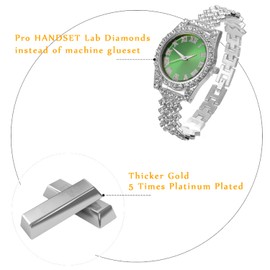 Halukakah Diamonds Gold Watch Iced Out, Kid's 18K Real Gold/Platinum White Gold Plated 36MM Width Green/Blue/Red Dial Quartz Wristband 8" with Cuban Link Chain 7"+16" Necklace Bracelet, Free Giftbox,