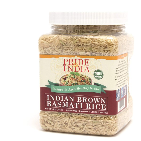 Pride Of India - Extra Long Brown Basmati Rice - Naturally Aged Healthy Grain, 1.5 Pound Jar