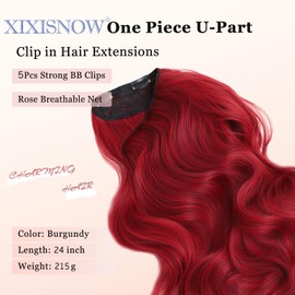One Piece Clip in Hair Extensions XIXISNOW 24 Inch U-Shaped Wavy Burgundy For Women Clips on Hairpieces Synthetic Fiber Soft and Natural Hairpiece
