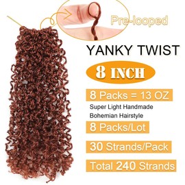 8 Inch 8 PCS Yanky Twist Crochet Braids Hair 8 Packs (30 Strands/Pcs) Pre-twisted Senegalese Twist Braids with Curls Synthetic Hair Extension Bouncy Spring Twist Crochet Hair for Black Women（350#）