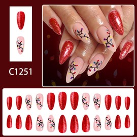 Christmas Press on Nails Red Nail Press ons Light Fake Nails Medium Almond False Nail Glitter Glue on Nails Artificial Acrylic Glossy Full Cover Stick on Nail for Women Holiday Manicure 24Pcs