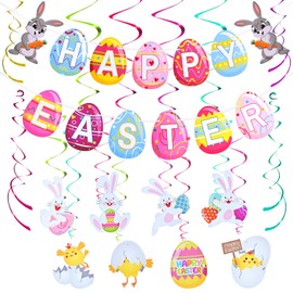 AhfuLife Easter Decorations Happy Easter Banner, 8 Pcs Bunny Easter Egg Chick Hanging Swirl, Larger Happy Easter Banner Sign for Home Office School Decor,Party Supplies Decorations (style 1)