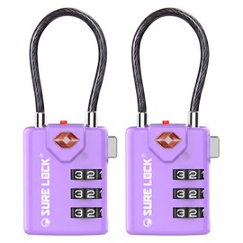 SURE LOCK TSA Approved Combination Luggage Locks with Open Alert Indicator – Durable Zinc Alloy Cable Travel Locks with Large Easy-Read Dials for Suitcases, Backpacks & Gym Bags(2, Purple 2 Pack)