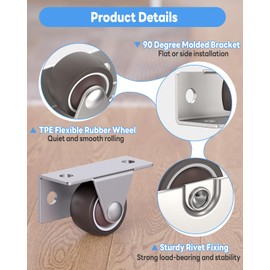 Anobeyi 1-Inch Low Profile Casters Wheels Set of 4, Mini Side & Top Plate Mounted Caster Wheels, Rigid Silent Rubber Castor for Small Cabinet Furniture, Storage Box, Underbed Drawer (1inch, 4)