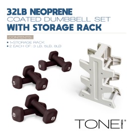 Tone Fitness 32 LB Neoprene Dumbbell Set with Storage Rack – Non-Slip, Anti-Roll Hand Weights for Home Gym Workouts - Black