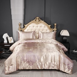 Herside Jacquard Duvet Cover Set Double 3pcs Champagne Gold Bedding Set Premium Polyester Quilt Cover Royal Damask Bed Cover Luxury Bedding Set with Vintage Paisley Pillowcases