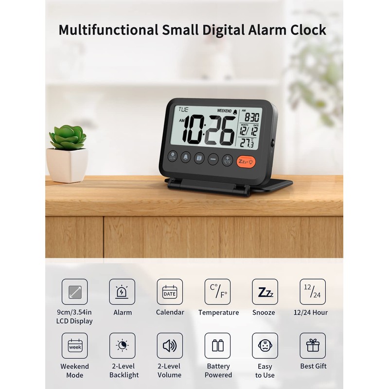 MeesMeek Digital Travel Alarm Clock, Black, 3.54 inch LCD Display,