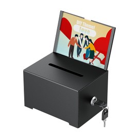 Uniclife Metal Donation Box for Fundraising, Suggestion Box with Slot and Lock, Black Ballot Boxes with Sign Holder, Storage Container for Voting Charity Tip Collection, 6.4" x 4.7" x 4"