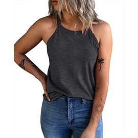 KINLONSAIR Women's Summer Sleeveless Halter Tee Shirts Crew Neck Workout Tank Tops Casual Plain Cami Shirts Dark Gray