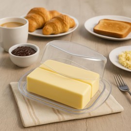 Butter Dish with Lid, Butter Keeper, Plastic Butter Holder Tray Container, Holds 2 Stick of Butter for Countertop and Refrigerator