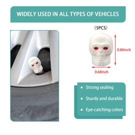 Dickno 5 PCS Skull Style Tire Valve Stem Caps with Rubber Ring, Red Eyes Car Air Caps Cover, Antirust Copper Liner Tire Caps, Universal Stem Covers for Cars, SUVs, Bikes, Trucks (White)