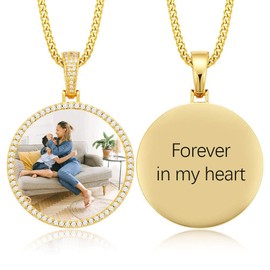YIMERAIRE Custom Picture Necklace Personalzied Engraving Message/Name Big Round Photo Pendant Full Lab Diamond Iced Out Prong Set Memory Necklace with Picture Hip Hop Jewelry for Men Women