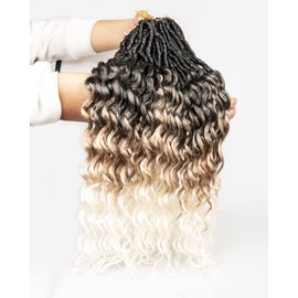 Faux Locs Crochet Hair for Black Women- 24 Inches 8 Packs Pre Looped Ombre Black to Blonde Off-white 112 Strands Synthetic Hair Extensions, Soft Goddess Locs Braids with Long Deep Wave Curly
