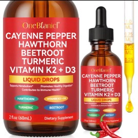 Aromixe Cayenne Pepper Hawthorn Turmeric Beet Root K2+D3 Liquid Drops – 60 ML Herb Blend