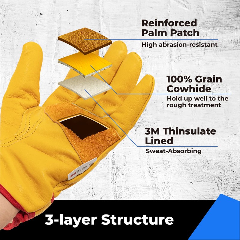 Winter Leather Work Gloves, Warm Thinsulate Lining for Cold Weather