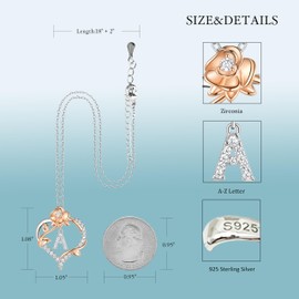 LynChoe S925 Sterling Silver Heart Rose Gold Letter Initial Necklace for Women, Cubic Zirconia Heart Pendant, 18+2 Inch Adjustable Cable Chain, Dainty Rose Flower Jewelry Gift for Her (A Initial)