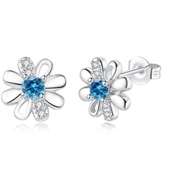 DOA Daisy Sterling Silver Stud Earrings, Silver Earrings With Blue Zircondia Crystals, Aquamarine Flower Earring Jewellery Gifts For Girls