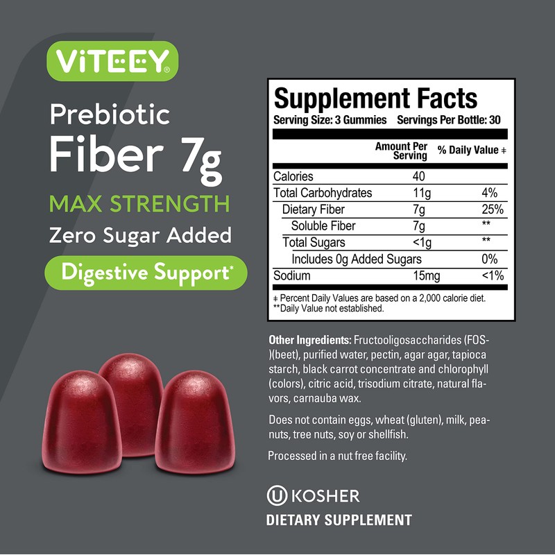 Viteey Prebiotic Fiber Gummies for Adults, 7g - Zero Sugar
