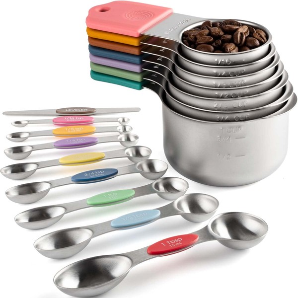 Magnetic Measuring Cups and Spoons Set Including 7 Stainless Steel Heavy Duty Measuring Cup 8 Double Sided Measuring Spoons with 1 Leveler for Dry and Liquid Ingredients (Color)