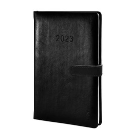 Chronoplan 50813 Book Calendar 2023, A5 Format (140 x 215 mm) with Hardcover Made of High-Quality Imitation Leather, Daily Planner (1 Day on 1 Page, with Magnetic Closure and Pen Holder), Black