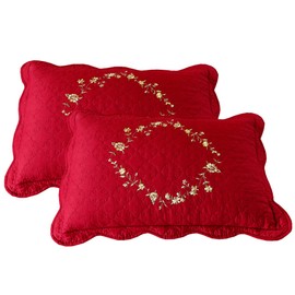 vctops 2-Piece Elegant Floral Embroidered Pillow Shams Queen Size 100% Cotton Quilted Decorative Pillow Shams Set (Red,20"x28")