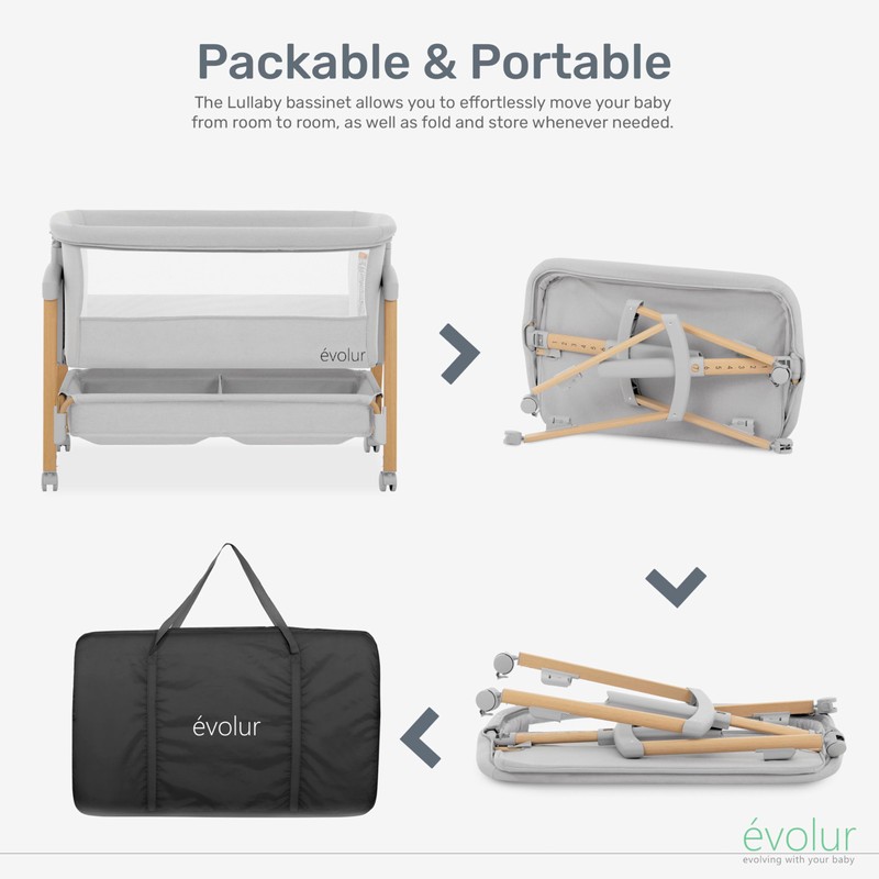 Evolur Lullaby Bedside Bassinet with Wheels, Seven Adjustable Heights, Breathable