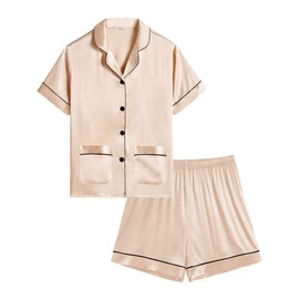 SWOMOG Kids Satin Pyjamas Girls Boys Short Sleeve Pjs Sets Two Pockets Silky Nightwear 2 Piece Button-Down Skeepwear for 4-13 Champagne