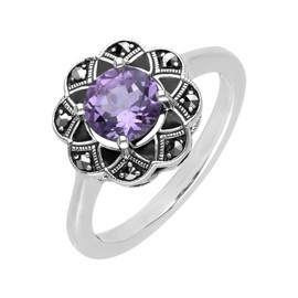 Esse Marcasite Sterling Silver Amethyst & Marcasite Flower Ring (O)