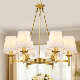 CNRATYE Gold Chandelier with White Shades, 6-Light Modern Farmhouse Chandeliers for Dining Room, Rustic Round Hanging Light Fixture for Kitchen Island Bedroom Office Living Room Entryway