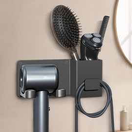 Hair Dryer Holder Wall Mounted with Tool Organizer, Blow Dryer Holder Compatible With Dyson/Shark, Hair Dryer Hanger Adhesive/Screw Mount for Bathroom, Vanity, Bedroom - Mg-Al Alloy, Gray