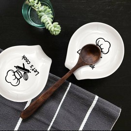 YTNONT Ceramic Patterned Fork Spoon Rest with Message Let's Cook, Functional Kitchenware Spoon Rest Suitable for Kitchen Countertop or Stove Top Kitchen Accessory and Gift for Cooking Enthusiasts