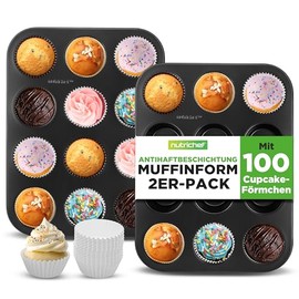 NutriChef Set of 2 Muffin Baking Moulds for 24 Muffins, Muffin Tray, Non-Stick Carbon Steel Including 100 Paper Muffin Cases 35 x 26 cm for Cupcakes, Brownies, Basic Baking