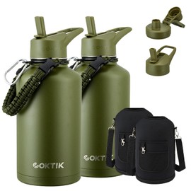 COKTIK Half Gallon Insulated Water Bottle, 64 oz Triple Wall Stainless Steel Flask,Cold for 48 Hrs Leak-Proof & BPA-Free Jug with Paracord Handle, Straw & Spout Lids(2 pack, Army Green)