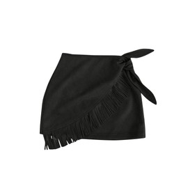 Floerns Women's High Waisted Fringe Hem Mini Skirt Western Tie Side Suede Skirts Black Medium