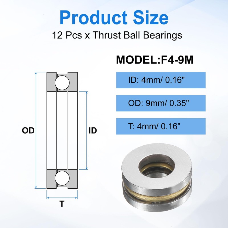 sourcing map 12pcs F4-9M Thrust Ball Bearings, 4mm x 9mm