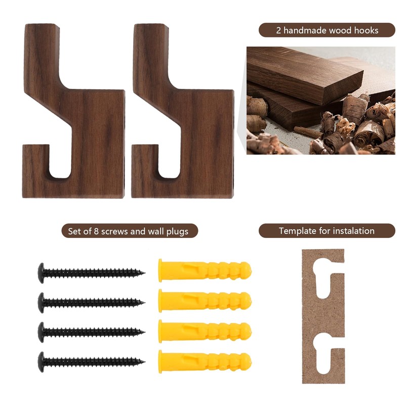 Walnut Wood Wall Peg Rack Hooks 2 Pack, Natural Wooden