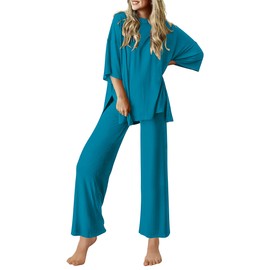 Ekouaer Lounge Sets for Women Short Sleeve Tops and Long Pants Soft Comfy Pajamas Set 2 Piece Outfits,Blue Green,S