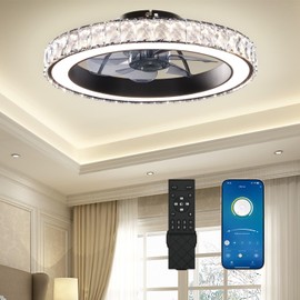 Aipsun Modern Crystal Chandelier Ceiling Fan with Lights, 18" Black, 6 Speeds, Dimmable & Color-Temperature Adjustable LED, Remote Control, Bedroom, Kitchen, Living Room