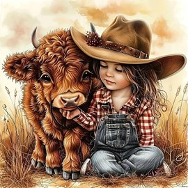 CHWGLFGG 5D Diamond Art Kits for Adults Beginners, Cow with Girl Diamond Painting Kits, DIY Full Round Drill Paint by Diamonds Dot Gem Art for Adults, Home Wall Decor 13.7X 13.7 Inch