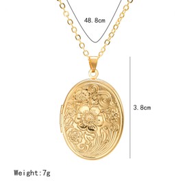 Vintage Engraved Flower Empaistic Photo Locket Hold Picture Oval Round Pendant Necklace Antique Carved Pattern Souvenir Memorial Clavicle Jewelry for Women-gold