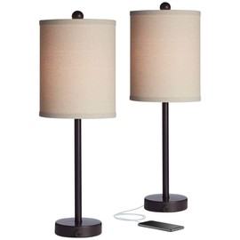 360 Lighting Trotter Modern Industrial Table Lamps 23.75" High Set of 2 with USB and Outlet in Base Dimmable LED Oil Rubbed Bronze Burlap Fabric Shades Living Room Desk Bedroom House Bedside