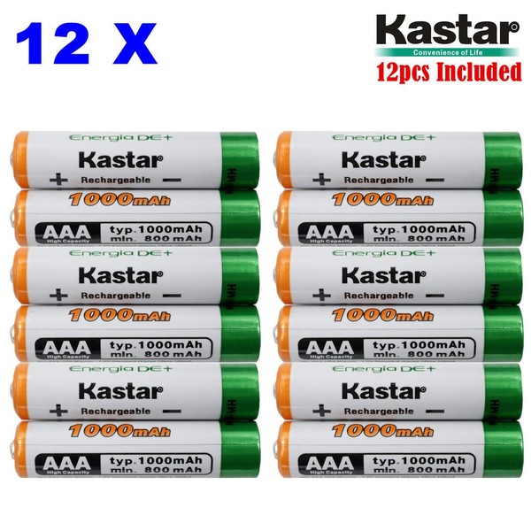 Kastar AAA 12-Pack Ni-MH 1000mAh Super High-Capacity Rechargeable Battery Pre-Charged for Panasonic HHR-4DPA HHR-55AAABU HHR-65AAABU, HHR-75AAA/BU, BK40AAABU, Garden Light, Path Light, Remotes