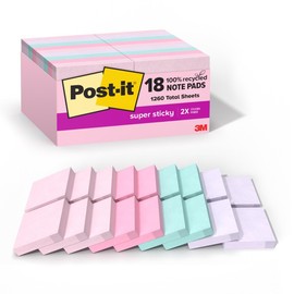 Post-it 100% Recycled Paper Super Sticky Notes, 1 7/8 x 1 7/8 in., 18 Mini Sticky Note Pads, School Supplies and Office Products, Sticky Notes for Vertical Surfaces Wanderlust Pastels Collection,