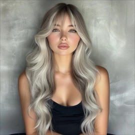 Smilco 2025 New Hot Fashion High-temperature Silk Synthetic Wig Gray Highlight Dyeing Gradient Curly Hair Female Wig SM495color: Gray white, Stretched Length: 28"