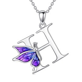 LONAGO Initial H Necklace for Women 925 Sterling Silver Purple Butterfly with A-Z 26 Letters Pendant Necklace for Graduation Gifts