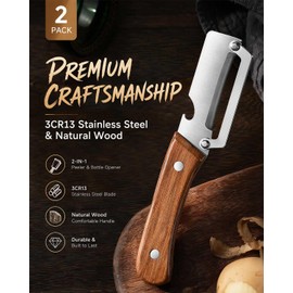 Vegetable Peeler 2-in-1 with Wooden Handle & Bottle Opener – multifunctional vegetable peeler, Stainless Steel Peeler for Fruits and Vegetables – 2 Pack
