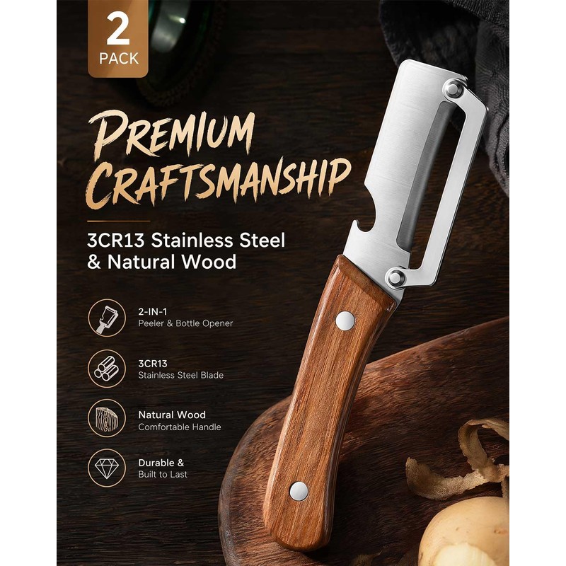Vegetable Peeler 2-in-1 with Wooden Handle & Bottle Opener –