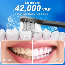 Kuicur Sonic Electric Toothbrush for Adults and Kids, Comes with 10 Brush Heads & Travel Case, 5 Modes with 2 Minutes Built in Smart Timer, One Charge for 90 Days, 42,000 VPM Motor (Black)
